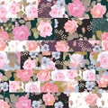 Floral patchwork pattern. Seamless design with rose and pansy flowers. Collage Royalty Free Stock Photo