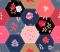 Floral patchwork pattern. Seamless quilt design from hexagonal patches with flowers. Print for fabric