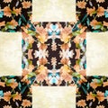 Floral patchwork quilt seamless pattern. Ornate geo swatch for exotic nature wallpaper. Cottagecore flower petal hand