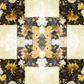 Floral patchwork quilt seamless pattern. Ornate geo swatch for exotic nature wallpaper. Cottagecore flower petal hand