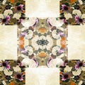 Floral patchwork quilt seamless pattern. Ornate geo swatch for exotic nature wallpaper. Cottagecore flower petal hand