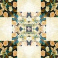 Floral patchwork quilt seamless pattern. Ornate geo swatch for exotic nature wallpaper. Cottagecore flower petal hand