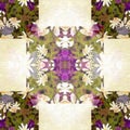 Floral patchwork quilt seamless pattern. Ornate geo swatch for exotic nature wallpaper. Cottagecore flower petal hand