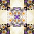 Floral patchwork quilt seamless pattern. Ornate geo swatch for exotic nature wallpaper. Cottagecore flower petal hand