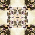 Floral patchwork quilt seamless pattern. Ornate geo swatch for exotic nature wallpaper. Cottagecore flower petal hand