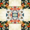 Floral patchwork quilt seamless pattern. Ornate geo swatch for exotic nature wallpaper. Cottagecore flower petal hand