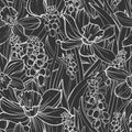 Seamless pattern with Muscari and Daffodil. Spring flowers, isolated on black background.