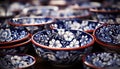 Floral pattern adorns ornate earthenware bowl, a cultural souvenir generated by AI