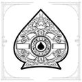 Floral pattern aroud circle shield with spades in the center inside ace of spades form. Vintage design playing card element black Royalty Free Stock Photo