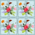 Floral pattern with beautiful bouquets on abstract geometric background