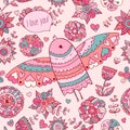 Floral pattern with bird. Valentine's background with text I love you Royalty Free Stock Photo
