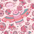 Floral pattern with bird. Valentine's background with text I love you