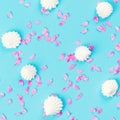 Floral pattern at blue background. Top view. Pink petals and white seashells. Flat lay, copy space. Flowers composition Royalty Free Stock Photo