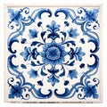 Vintage Delft Tile With Baroque Fusion Floral Design On White Background