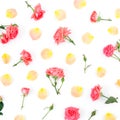 Floral pattern with bright roses flowers and petals on white background. Flat lay, top view Royalty Free Stock Photo