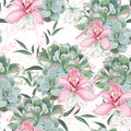 Floral pattern, delicate flower wallpaper, white herbs, pink orchid and green pink succulent. Royalty Free Stock Photo