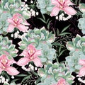 Floral pattern, delicate flower wallpaper, white herbs, pink orchid and green pink succulent. Royalty Free Stock Photo