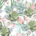 Floral pattern, delicate pink protea flower wallpaper, white herbs and green pink succulent. Royalty Free Stock Photo