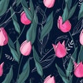 Floral pattern with  different kind of flowers. Tulips. Hand drawn style on background. Seamless vector texture Royalty Free Stock Photo