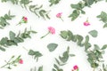 Floral pattern with eucalyptus branches and pink roses on white background. Flat lay Royalty Free Stock Photo