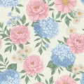Floral pattern featuring pink peonies (Paeonia), blue hydrangeas (Hydrangea Royalty Free Stock Photo