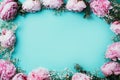 Floral pattern, frame made of pink peonies, white gypsophila flowers, eucalyptus on blue background. Flat lay, top view. Copy Royalty Free Stock Photo