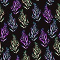 Floral pattern with the green, brown, bright purple and blue watercolor plants, seaweeds