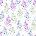 A floral pattern with the green, brown, bright purple and blue watercolor plants, seaweeds