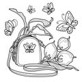 Calla flowers in a women`s backpack surrounded by butterflies