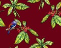 Floral pattern with Japanese laurel and a bird.