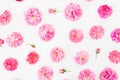 Floral pattern made of pink roses flowers, petals on white background. Flat lay, Top view. Valentines day Royalty Free Stock Photo