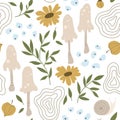 Floral pattern with mushrooms, flowers, snail, ladybug