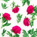 Floral pattern of peony and leaves on white background. Flat lay, top view. Pattern made of flowers Royalty Free Stock Photo