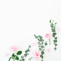 Floral pattern of pink flowers and eucalyptus branches on white background. Flat lay, top view. Valentines day Royalty Free Stock Photo