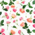 Floral pattern with roses, buds and green leaves on white background. Flat lay, top view. Spring background Royalty Free Stock Photo