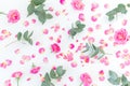 Floral pattern with pink roses and eucalyptus isolated on white background. Flat lay Royalty Free Stock Photo