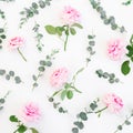 Floral pattern of pink roses flowers and eucalyptus on white. Flat lay Royalty Free Stock Photo