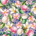 Seamless floral pattern with pink, white, and blue flowers on purple. Vector illustration Royalty Free Stock Photo