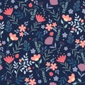 Floral pattern. Pretty flowers on dark blue background. Printing with small colorful flowers. Ditsy print. Seamless Royalty Free Stock Photo