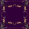 Floral pattern on a purple background orange flowers with leaves and a green shoot for the design of a headscarf, hijab