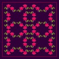 Floral pattern on a purple background pink-red flowers with a bud, leaves and a green shoot for the design of a headscarf, hijab