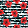 Floral pattern with red flowers, plants, branches and berries on a striped black and white background. design greeting card and in Royalty Free Stock Photo