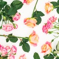 Floral pattern with roses flowers, buds and green leaves on white background. Flat lay, top view. Summer background Royalty Free Stock Photo