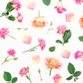 Floral pattern with roses flowers, petals and green leaves on white background. Flat lay, top view. Royalty Free Stock Photo