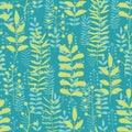 Floral seamless pattern with branches and leaves. Colorful silhouettes of doodle flowers. Royalty Free Stock Photo