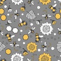 Floral pattern. Seamless vector pattern with large sunflower flowers, bees and dragonflies, small buds on a branch