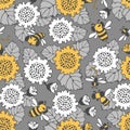 Floral pattern. Seamless vector pattern with large sunflower flowers, bees and dragonflies, small buds on a branch