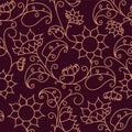 Floral pattern. Sunflowers. Seamless pattern gold outline on a purple background