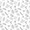 Floral pattern vector black and white seamless background. Cute hand drawn flowers, leaf elements. Decorative plants Royalty Free Stock Photo