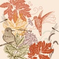 Floral Pattern In Vintage Style With Birds, Dragonfly And Foliage